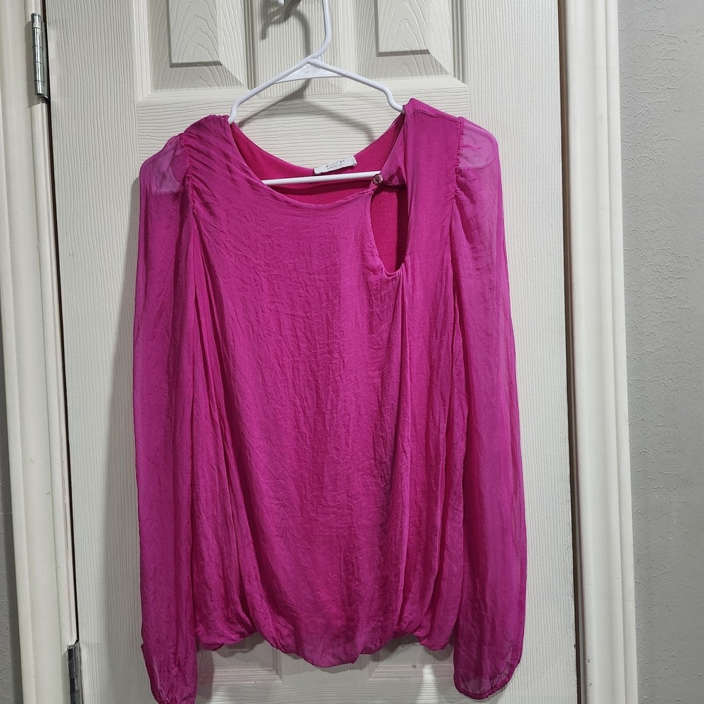 JOSH Made Italy Silk Blouse Womens Fuchsia Pink Sheer Sleeve Keyhole Top - Picture 2 of 12